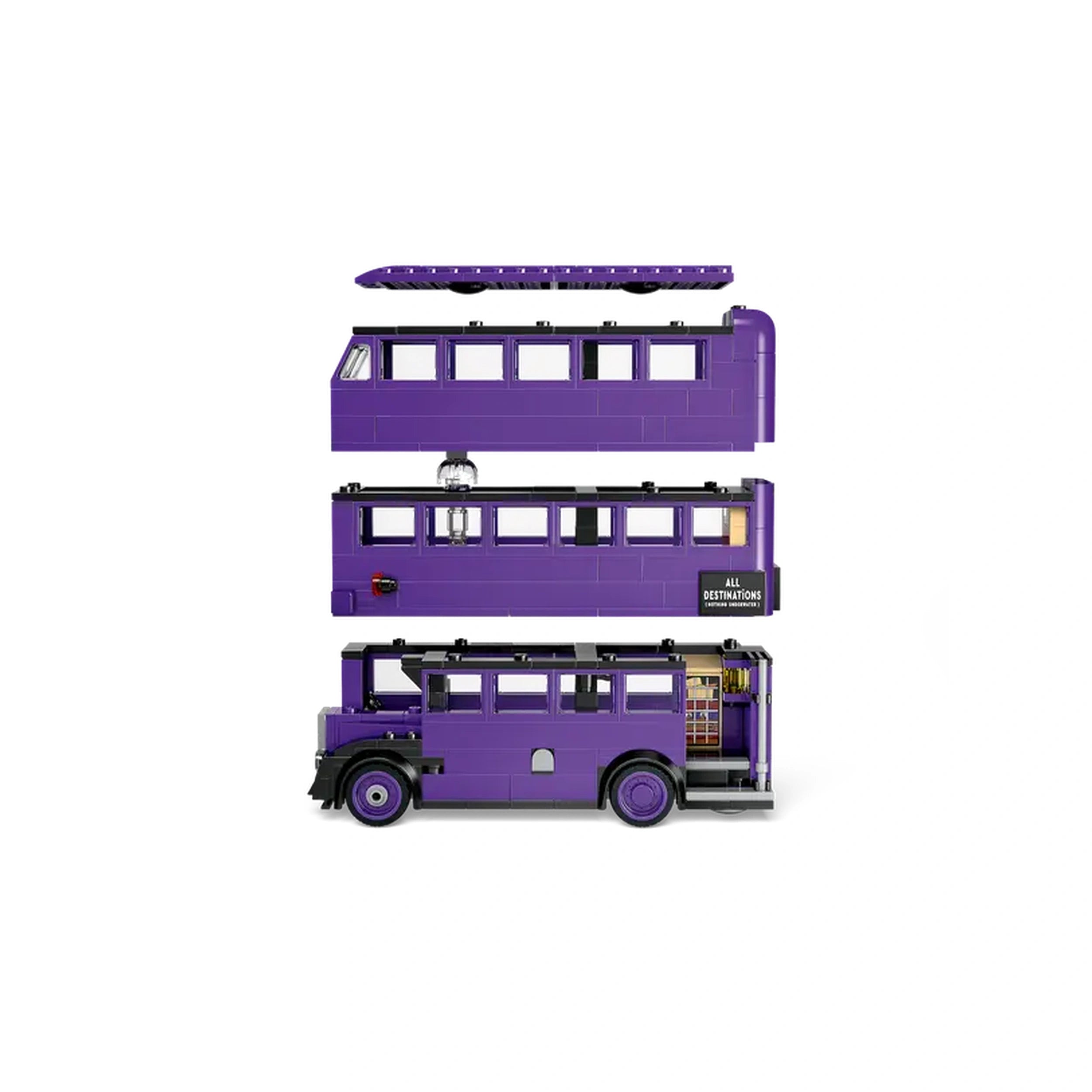 LEGO Harry Potter Knight Bus Adventure set featuring a detailed purple triple-decker bus with detachable upper levels and interior details.