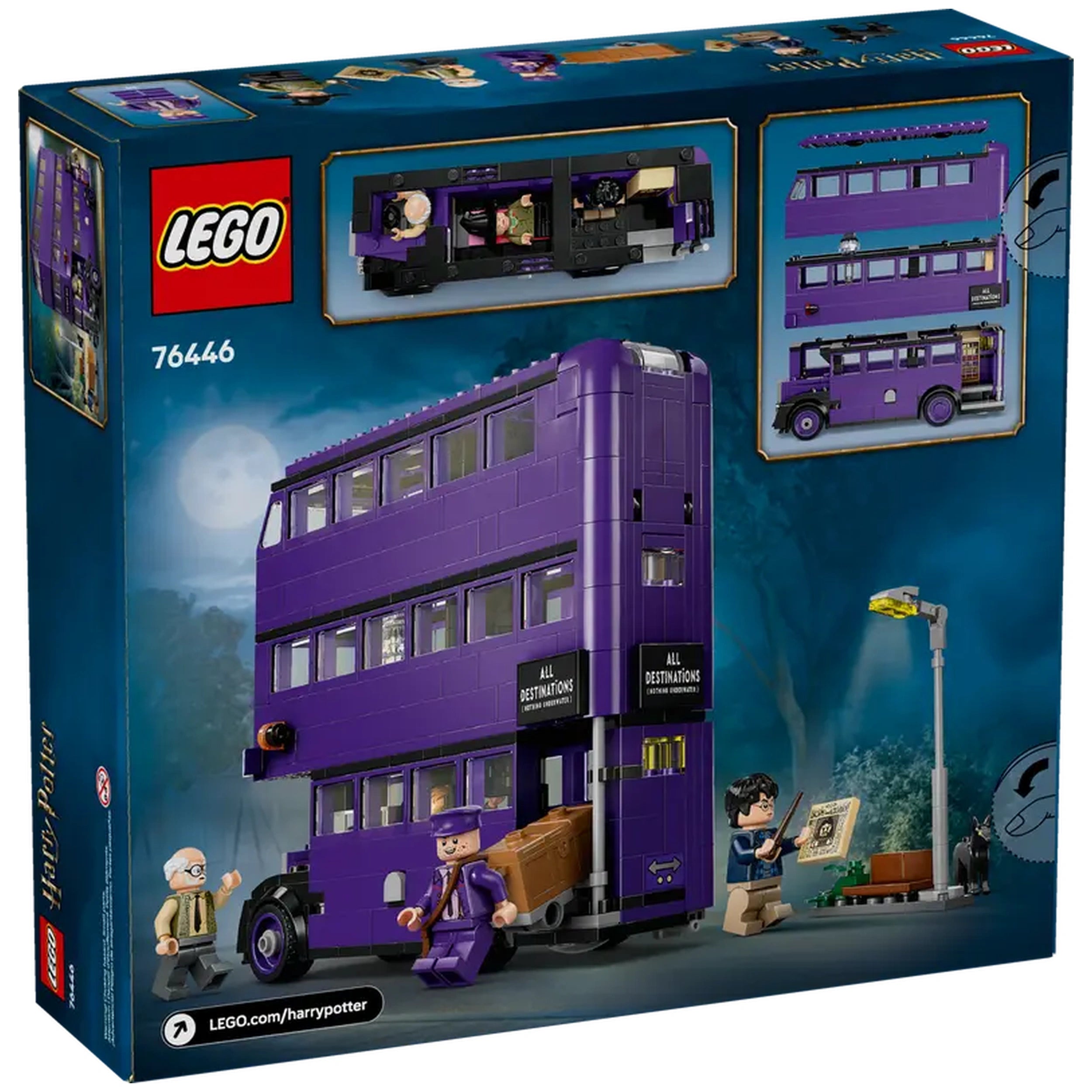 LEGO® Harry Potter™ Knight Bus™ Adventure set showcasing a detailed purple triple-decker bus with figures, accessories, and nighttime backdrop.
