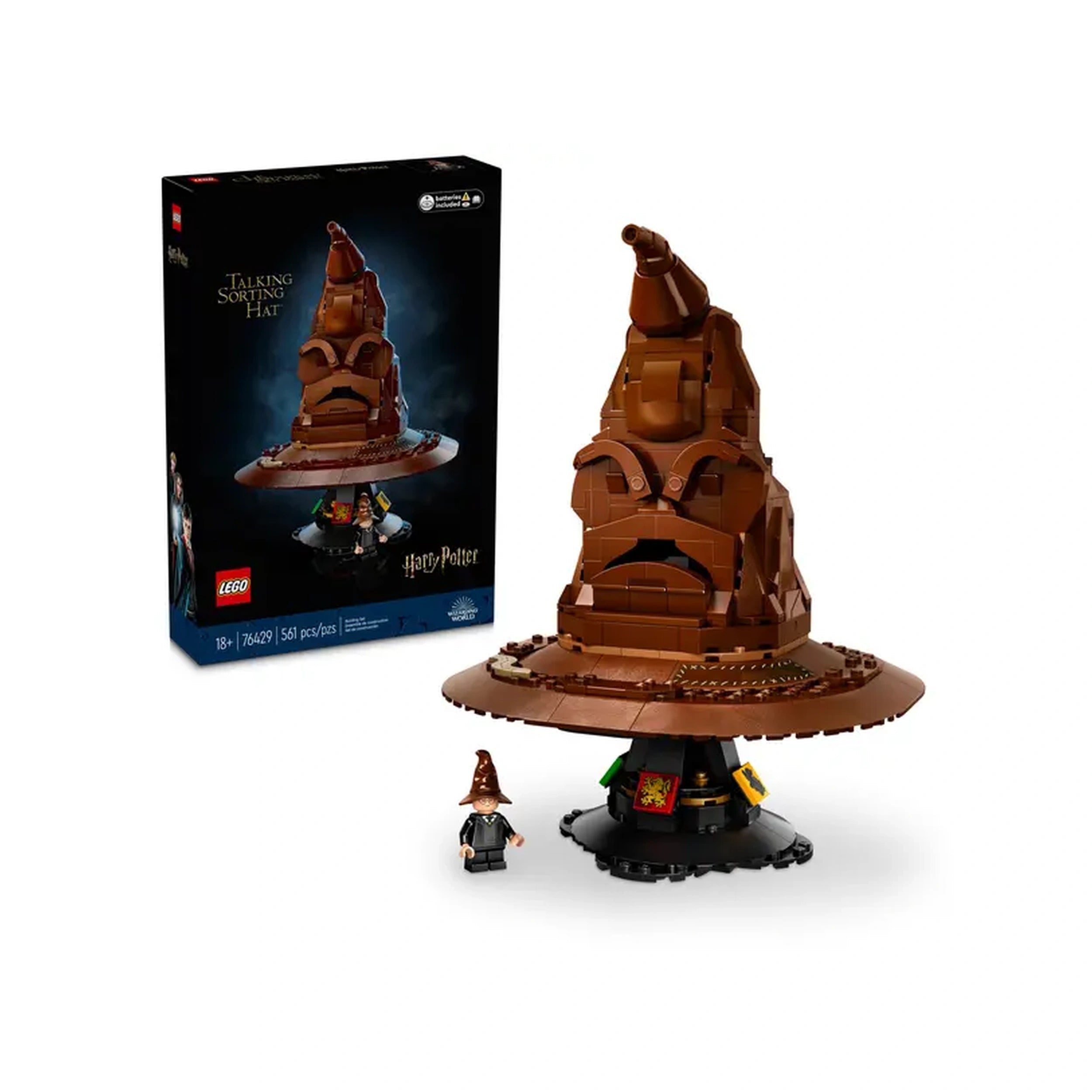 Interactive LEGO Harry Potter Talking Sorting Hat construction set displayed alongside its box. The hat features intricate detailing, standing prominently with a small figure wearing a matching hat beside it.