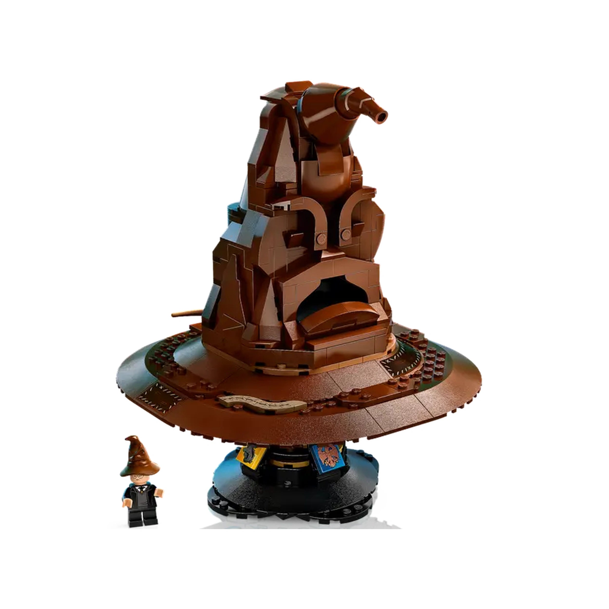 LEGO Harry Potter Talking Sorting Hat construction set, featuring a detailed brown Sorting Hat model with a display stand, alongside a minifigure wearing a small hat.