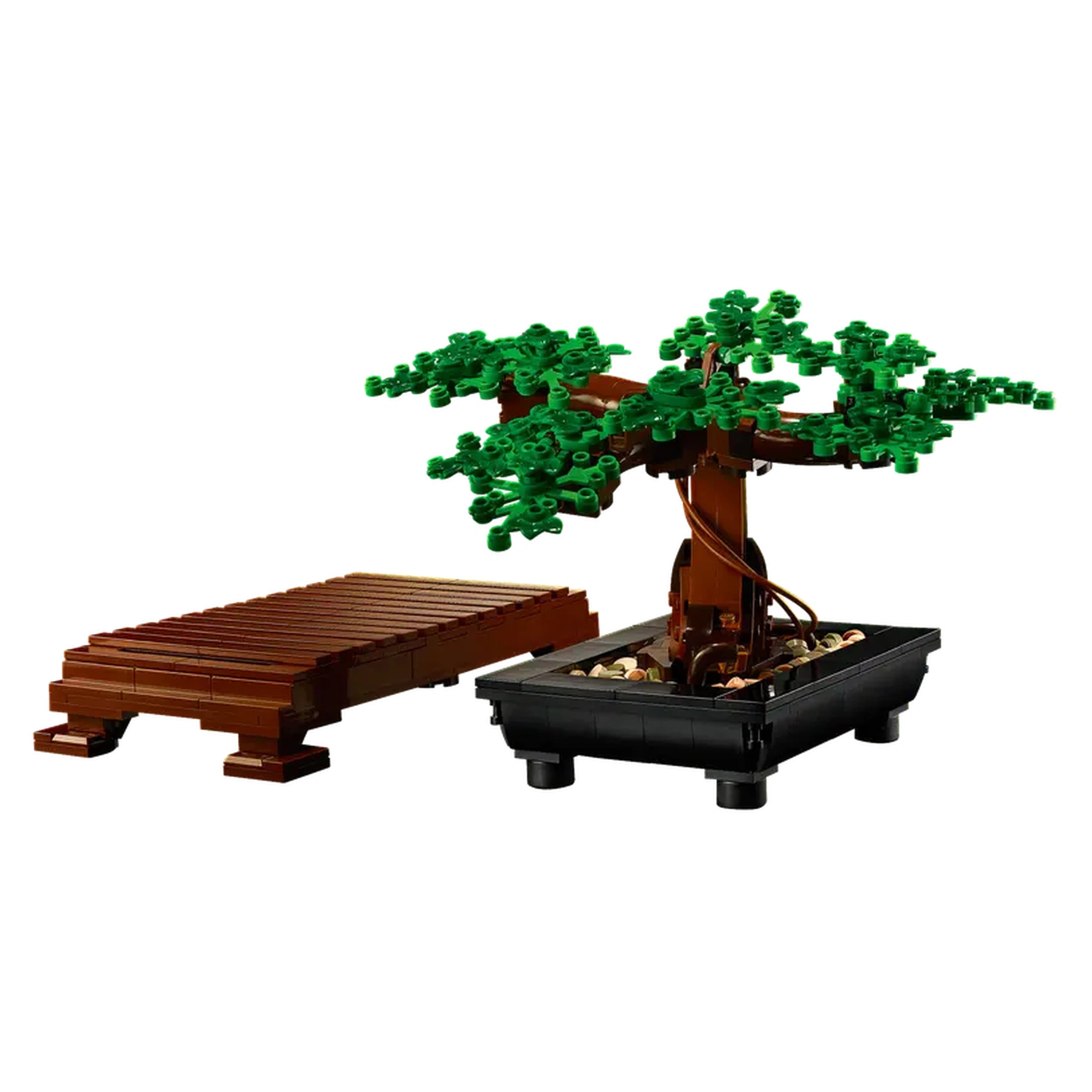 Lego Icons Bonsai Tree construction set featuring a lush green tree on a black base, next to a brown wooden display stand.