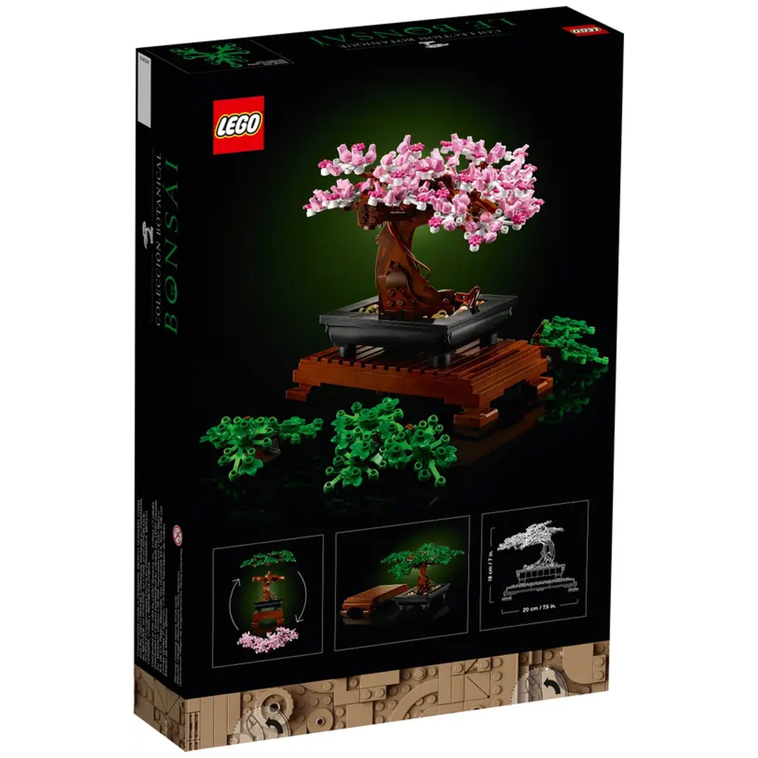 LEGO® Bonsai Tree construction set featuring a detailed model with pink blossoms, a wooden base, and playful hidden frogs.