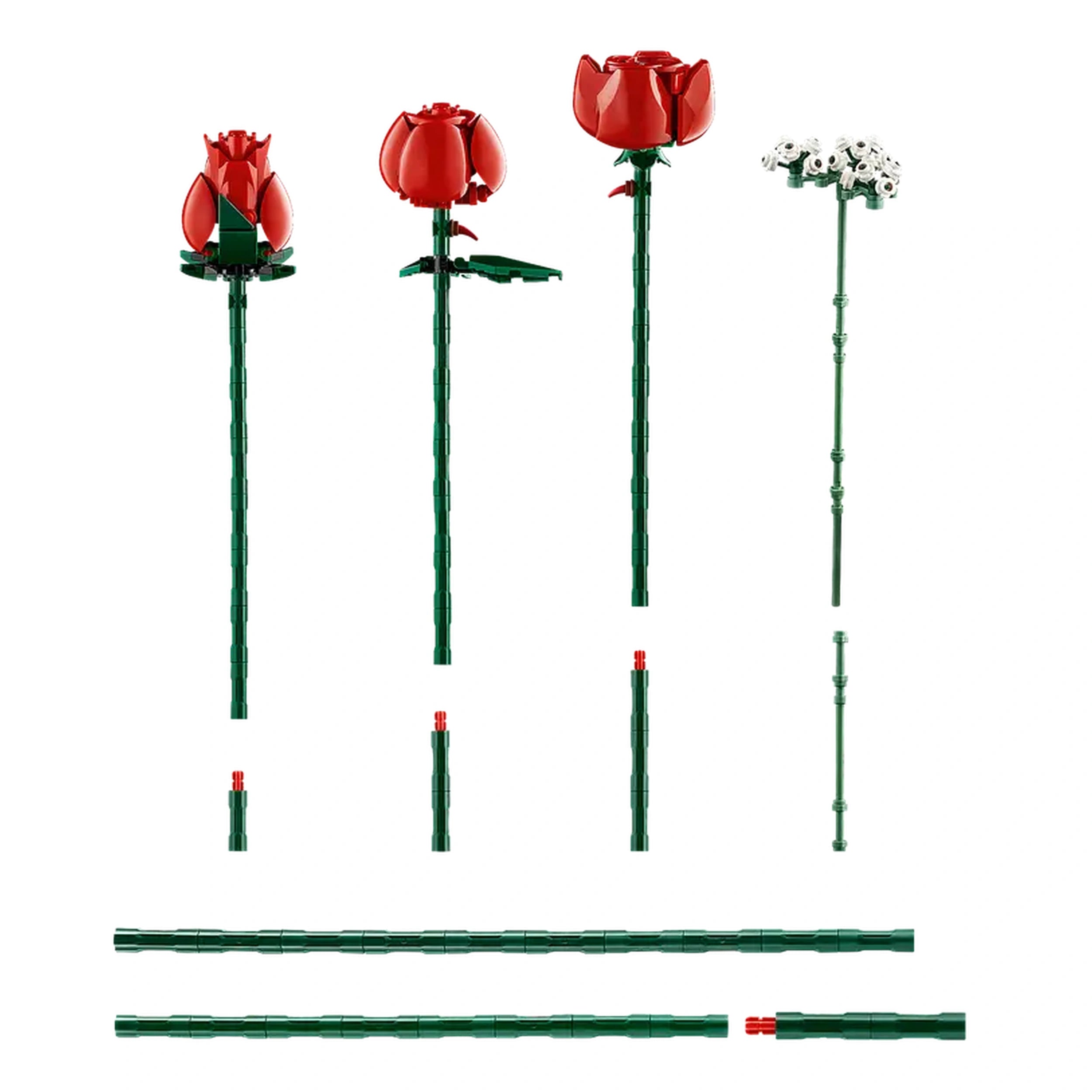 A vibrant collection of LEGO® red roses in various blooming stages, accompanied by green stems and a sprig of baby’s breath with white flowers.