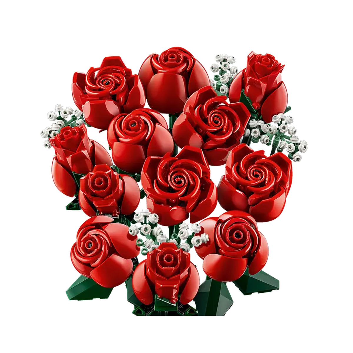 Vibrant LEGO® Icons Bouquet of Roses set featuring twelve red roses in various blooming stages, surrounded by delicate baby’s breath.