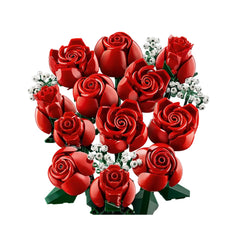 Vibrant LEGO® Icons Bouquet of Roses set featuring twelve red roses in various blooming stages, surrounded by delicate baby’s breath.