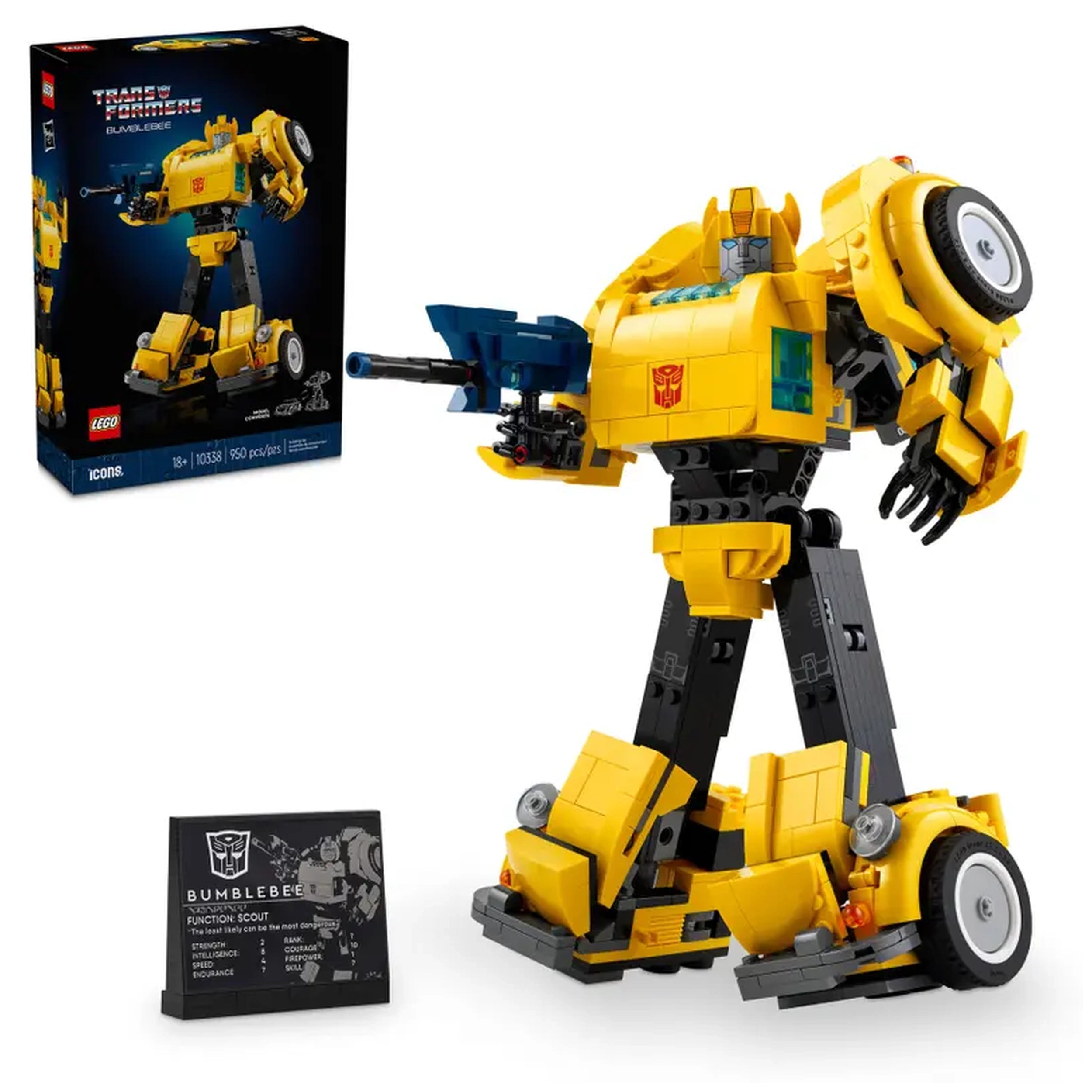 LEGO® Icons Transformers Bumblebee construction set stands in robot mode, showcasing its vibrant yellow and black design, detailed features, and posed with an ion blaster. A display plaque with Bumblebee's statistics is positioned beside the model, highlighting its collectible nature. The packaging is visible in the background, adding context to the product.
