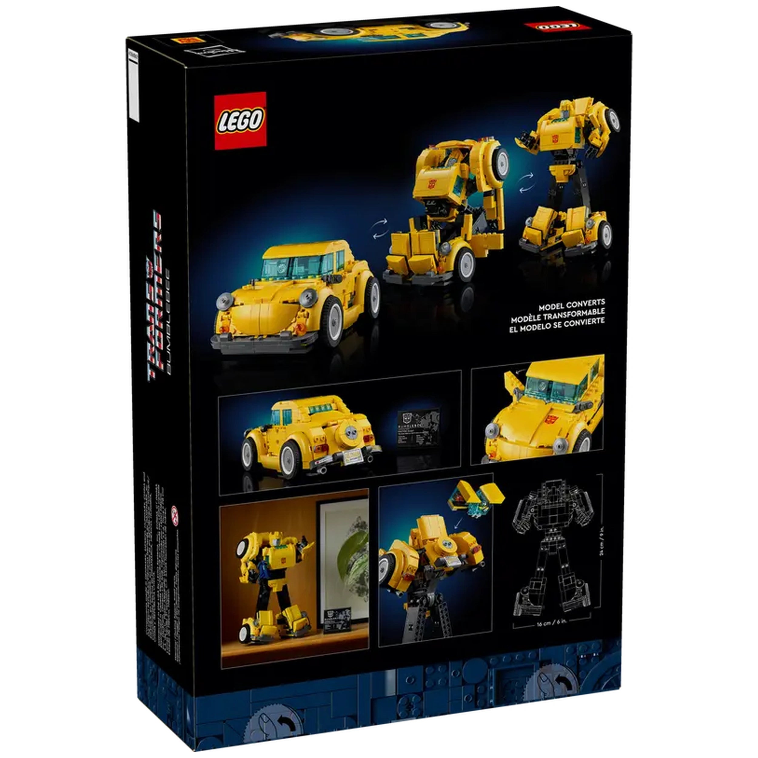 LEGO® Icons Transformers Bumblebee construction set packaging, showcasing the model's transformation from a yellow car to a robot, with detailed images and a display plaque in the background.