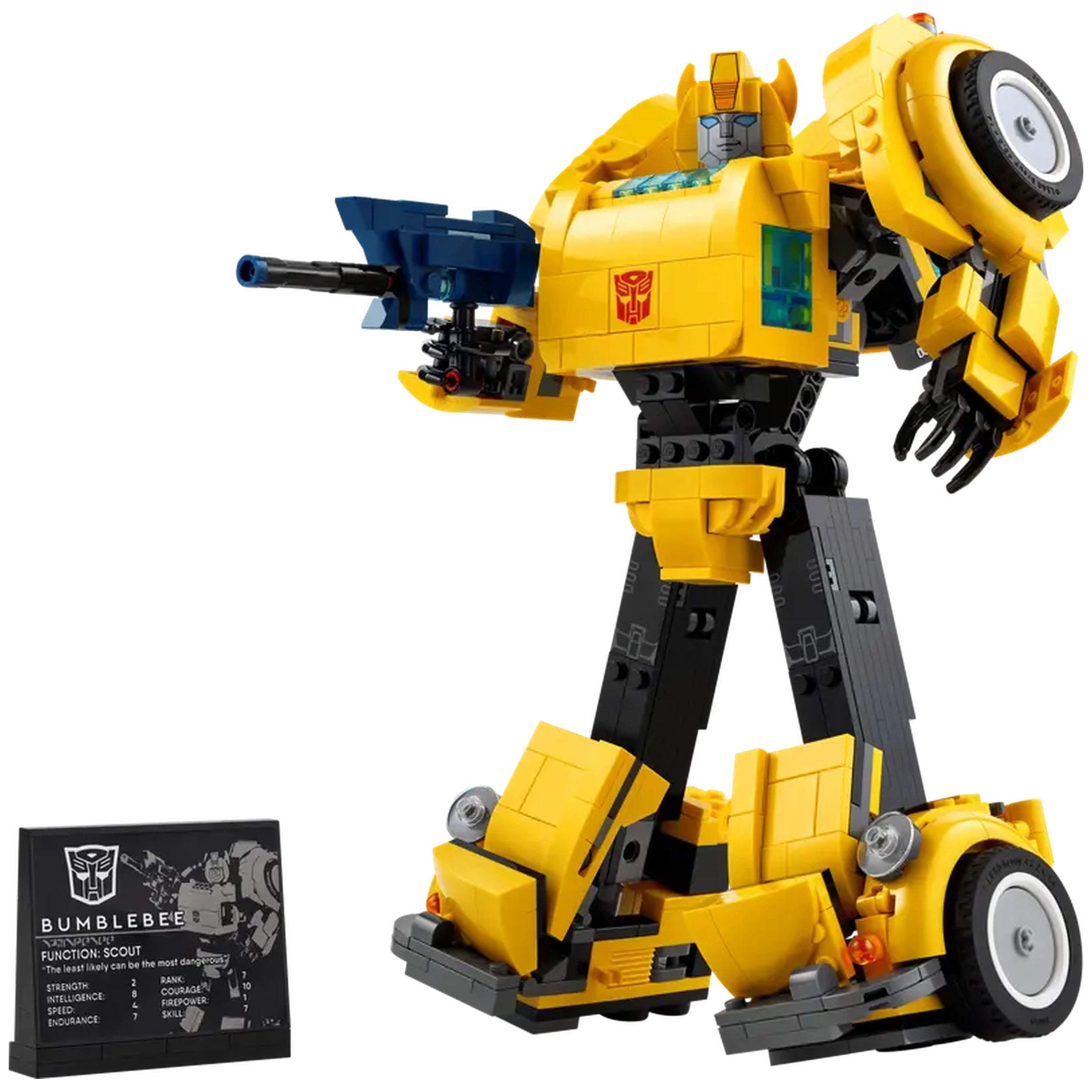 LEGO® Icons Bumblebee construction set features a yellow robot with articulated joints, holding an ion blaster. A display plaque highlights Bumblebee's power statistics.