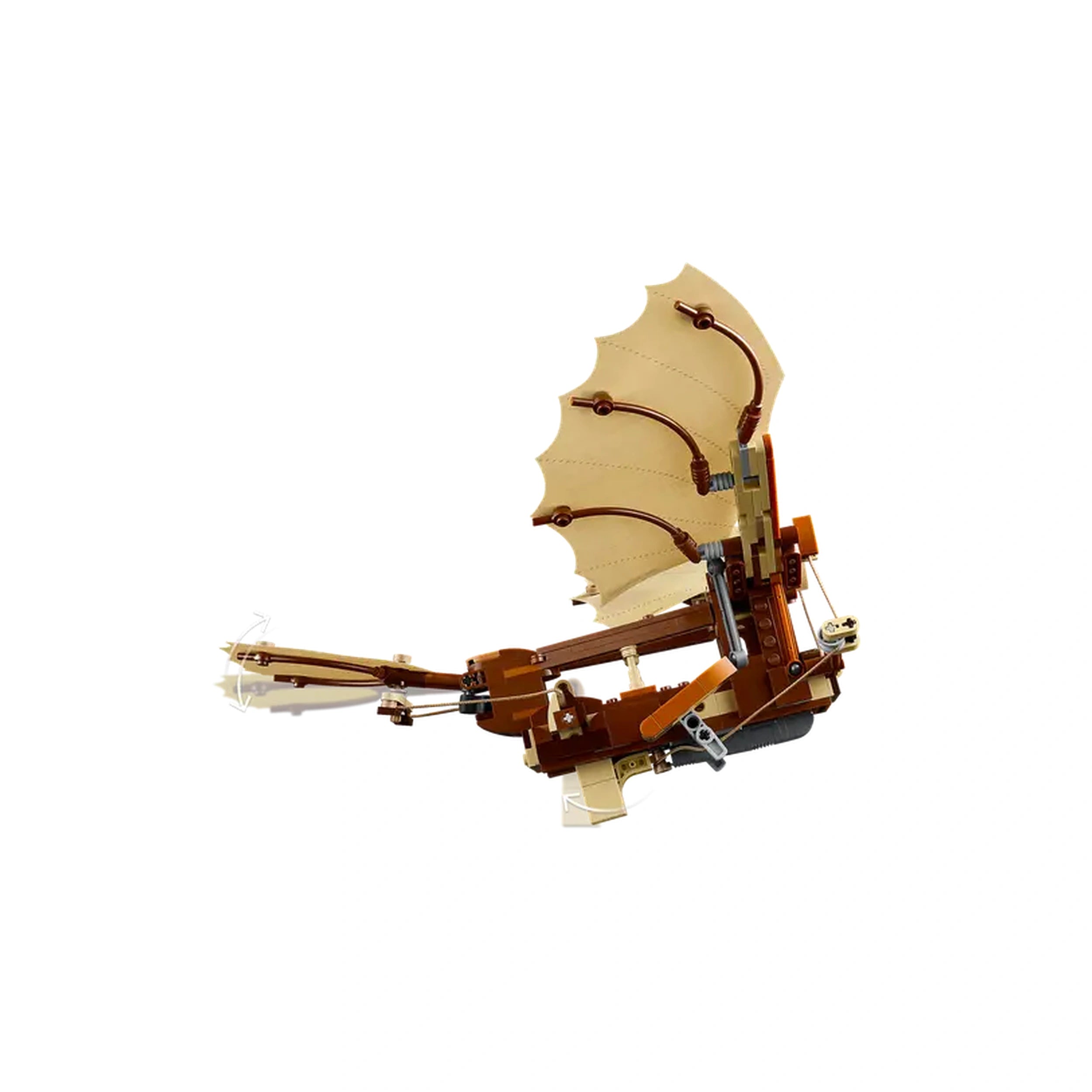 LEGO® Icons Leonardo da Vinci's Flying Machine model featuring detailed textured wings, intricate mechanics, and a wood-like color scheme.