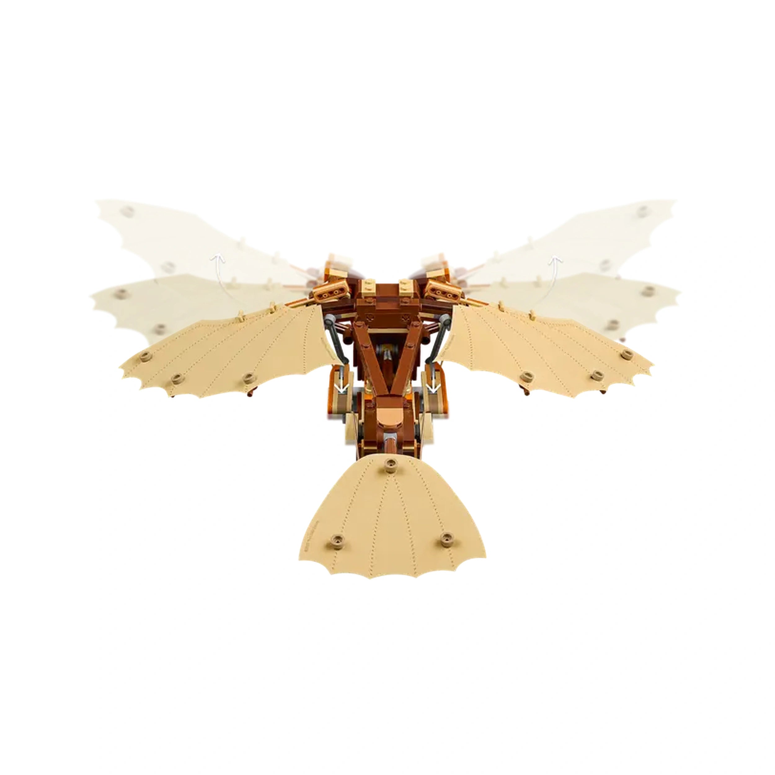 LEGO® Icons Leonardo da Vinci's Flying Machine set featuring a detailed ornithopter design with intricate flappable wings in beige and brown.