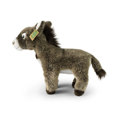 Eco-friendly plush donkey toy in muted brown with a fluffy tail and pointed ears, standing upright on a light background.