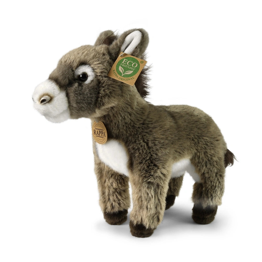Eco-friendly plush donkey stuffed animal in grayish-brown with white accents, featuring a tag indicating its sustainable mate
