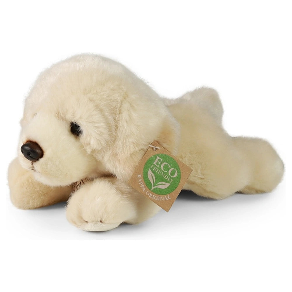 Eco-friendly plush golden Labrador teddy bear in soft white with darker face and paws, resting against a light background.