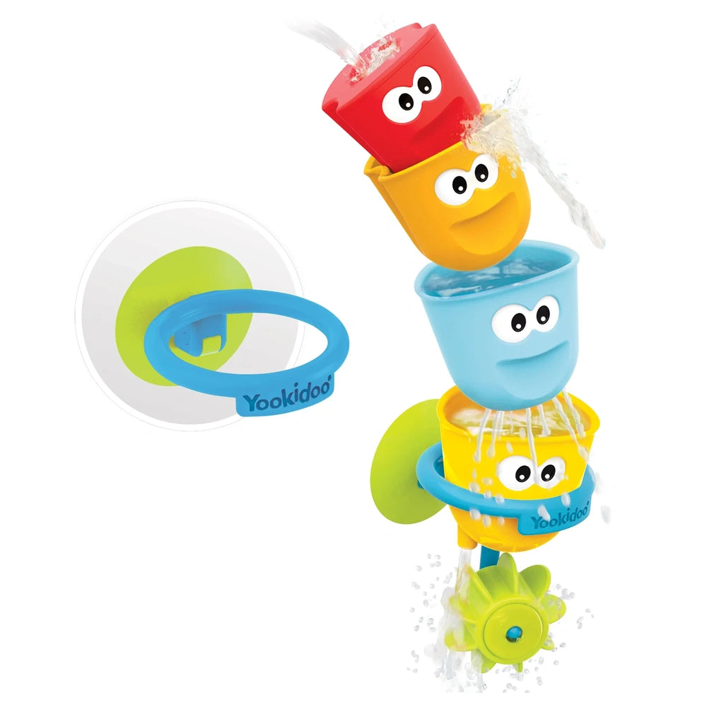 Yookidoo - Fill 'N' Spill Action Cups Bath Toy for Ages 8 Months+ - Premium 4-Piece STEM Stacking Tumbler Set with Suction Cup Holder and Water Pouring Effects