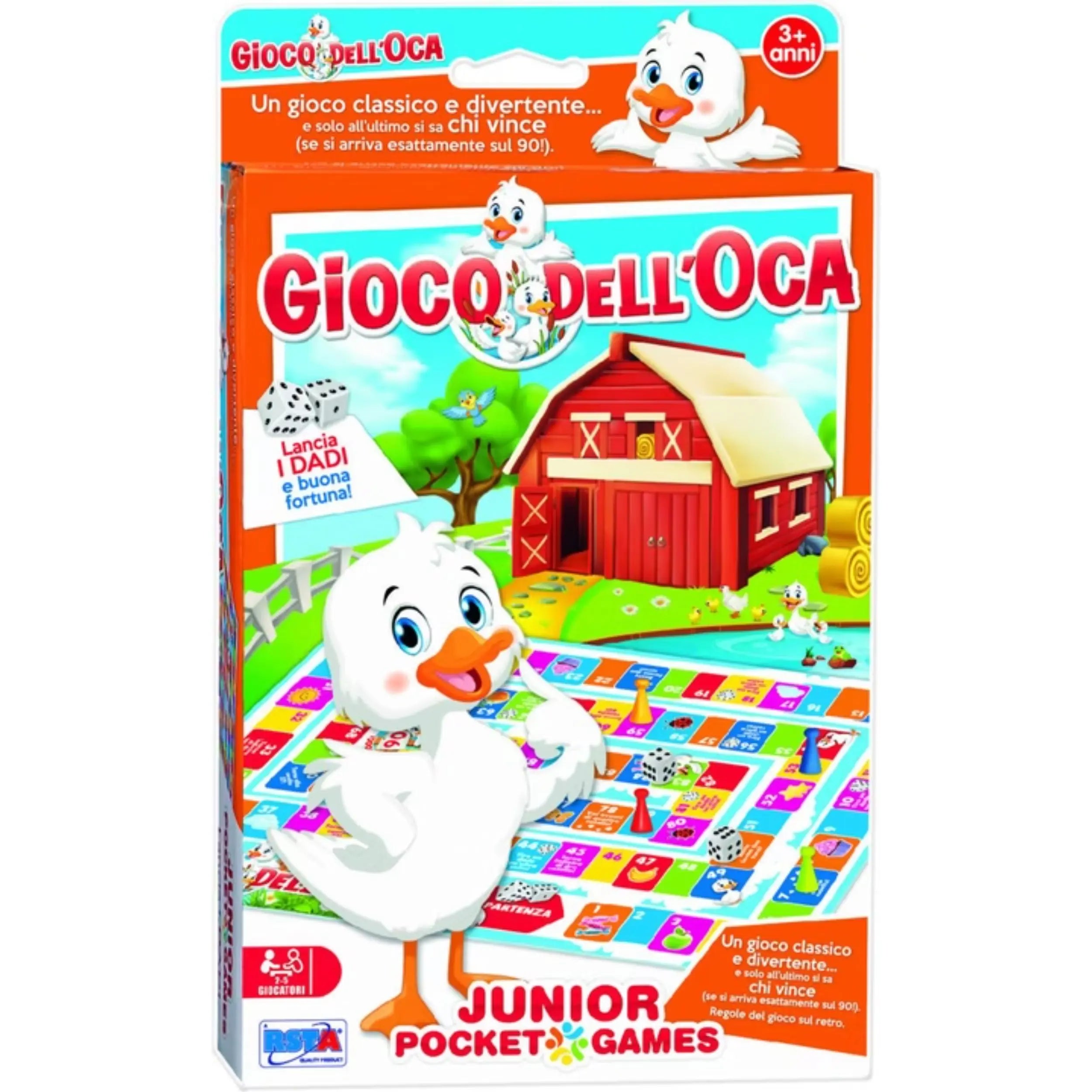 RS Toys Gioco dell'Oca Junior Pocket Games packaging features a smiling duck on a colorful board, designed for young children
