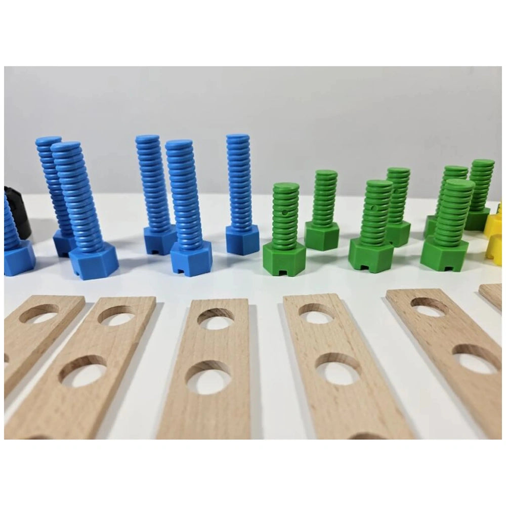 Blue and green plastic screws with wooden boards, part of Alexander Constructor Junior construction set.