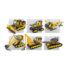 Yellow and black construction vehicles built from Alexander Constructor Ruspa set, showcasing diverse styles and components.