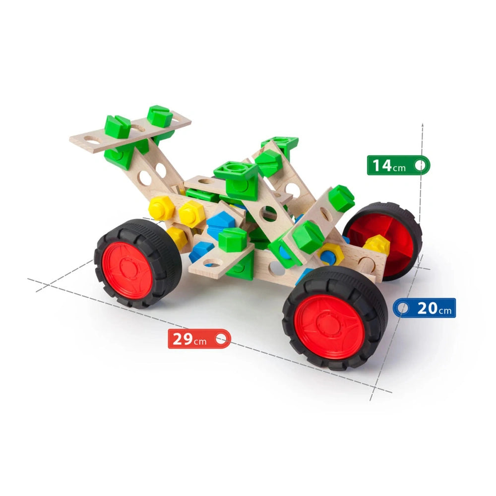 Colorful buggy constructed from wooden planks and plastic connectors, featuring red wheels and measurements of 29cm, 20cm, 14cm.