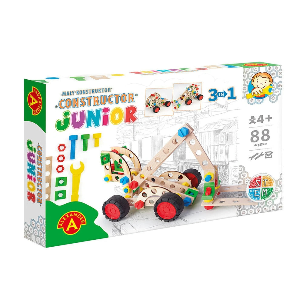 Alexander Maly Constructor Junior 3X1 toy set box, featuring colorful wooden pieces for creative building, suitable for ages 4+.