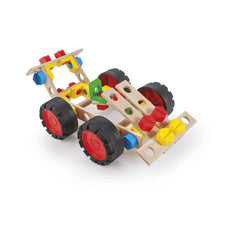Colorful race car construction set with wooden beams, red wheels, and vibrant plastic connectors in yellow, blue, and red.