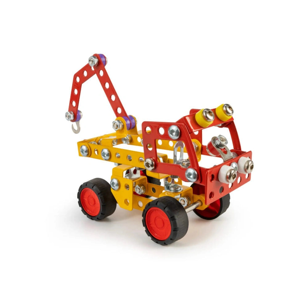 Colorful metal and plastic tow truck model with red and yellow parts, wheels, and a hook, part of Alexander's Maly Constructor set.