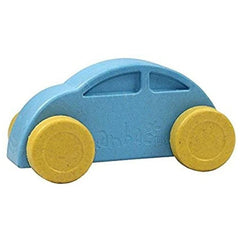 Blue toy car with yellow wheels, simple design, embossed with "anbac" logo.