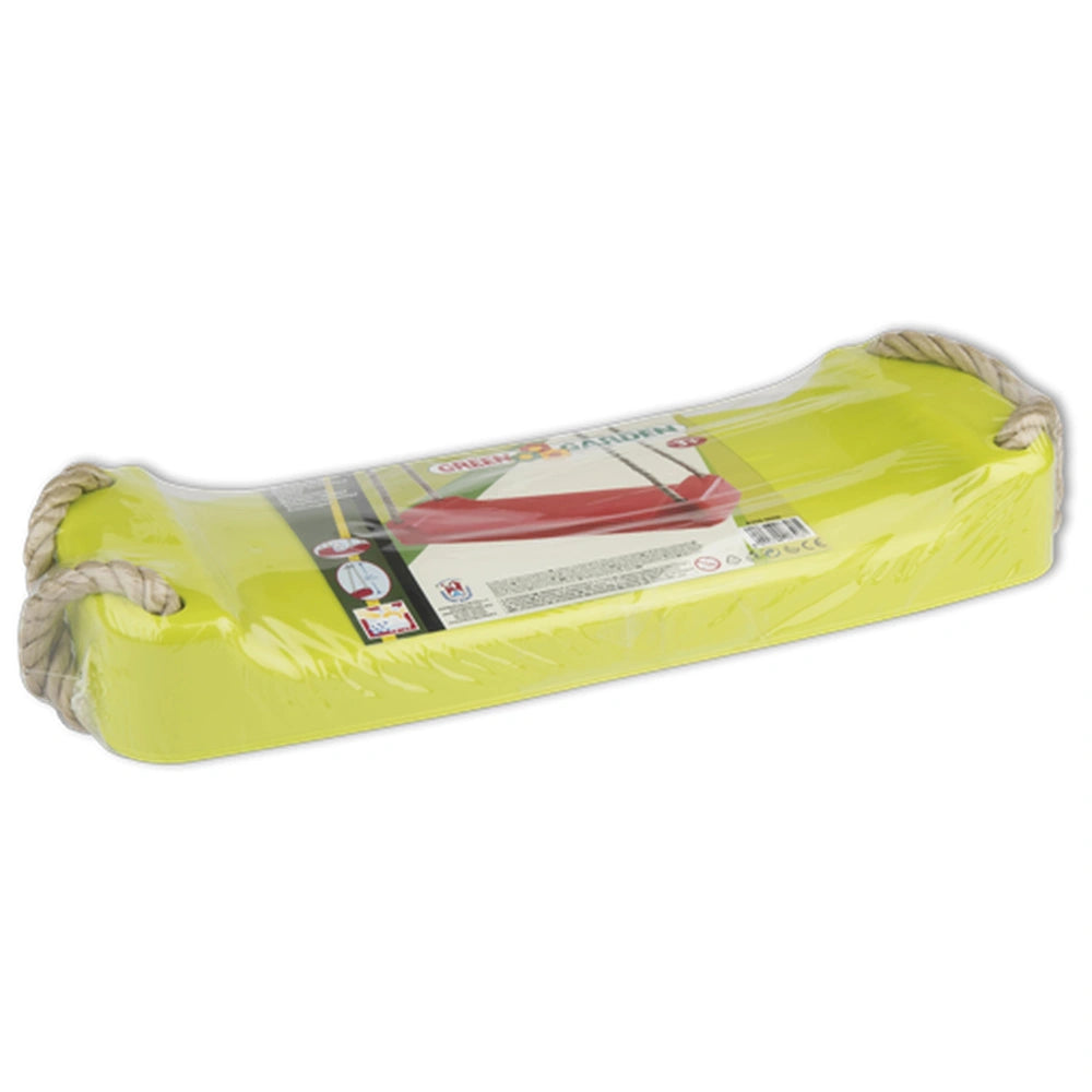 Bright yellow Androni 4-rope swing seat packaged, with sturdy ropes visible at each corner.