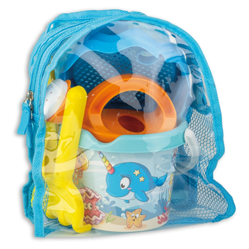 Transparent blue backpack with Androni sand toys, featuring a Happy Fish design, bucket, and shovel inside.