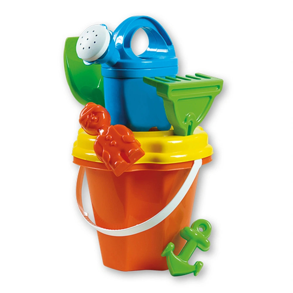 Androni beach set with orange bucket, blue watering can, green rake, shovel, and molds.