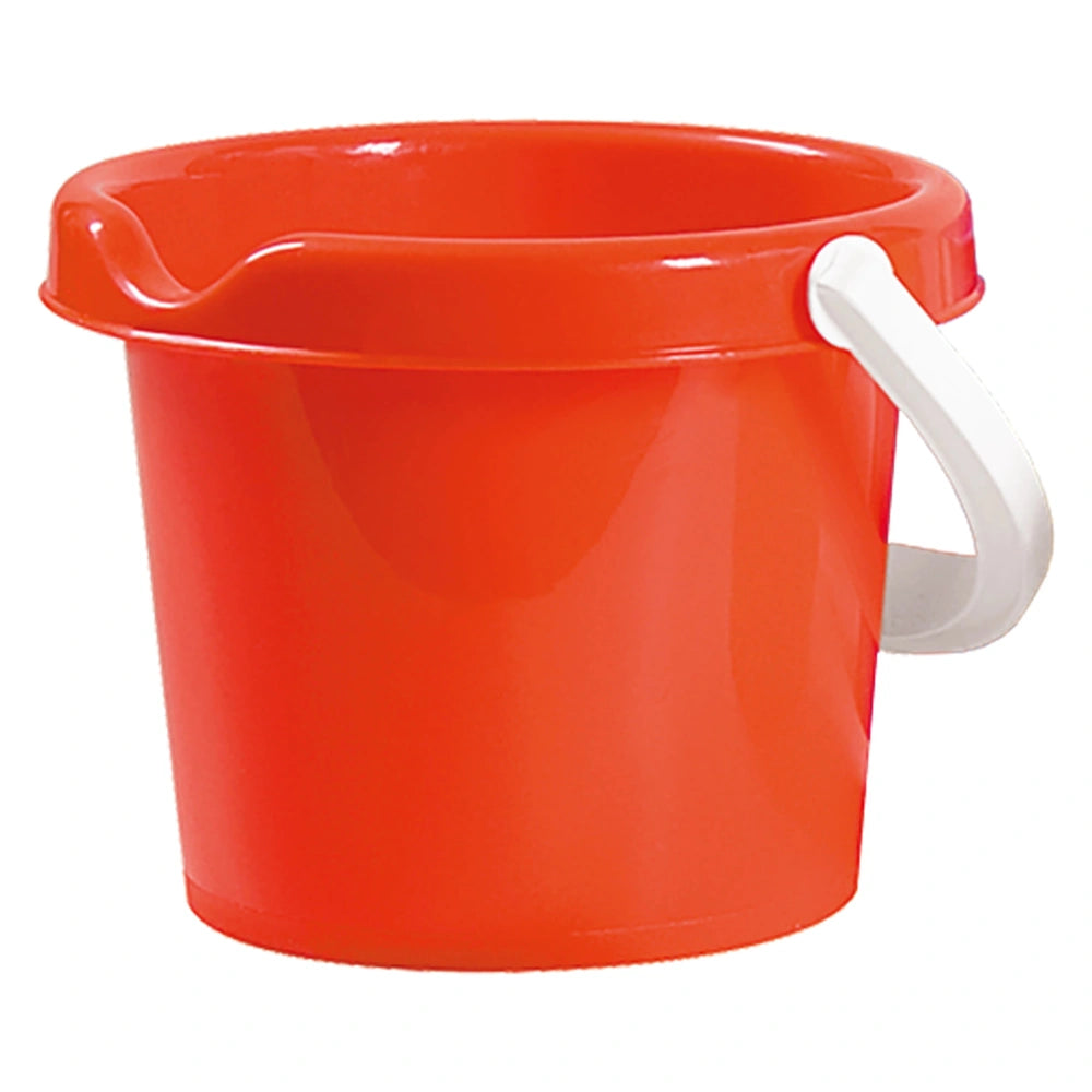Orange beach bucket with a sturdy white handle, ideal for sand play.