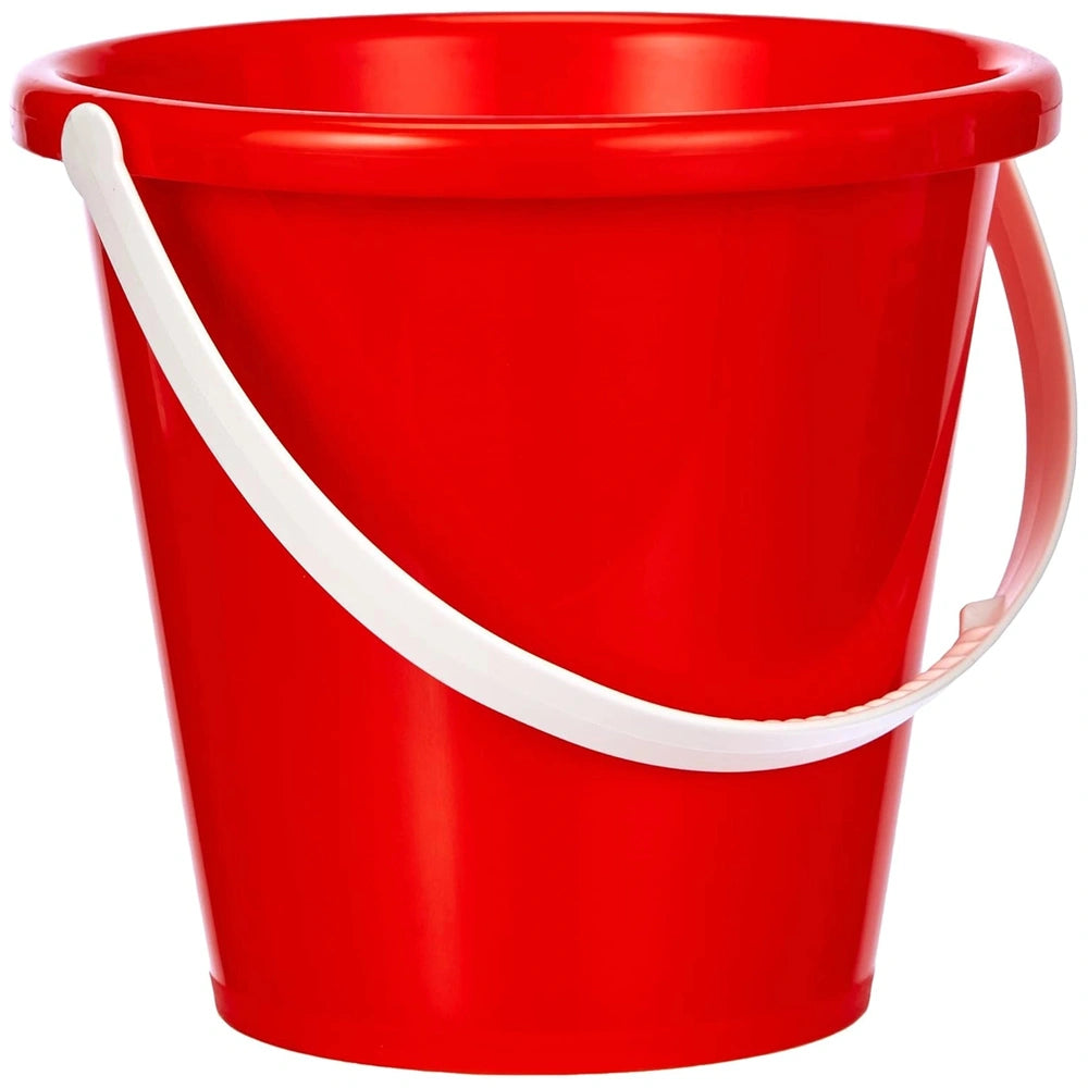 Red Androni beach bucket with a white handle, robust design for children's outdoor play.