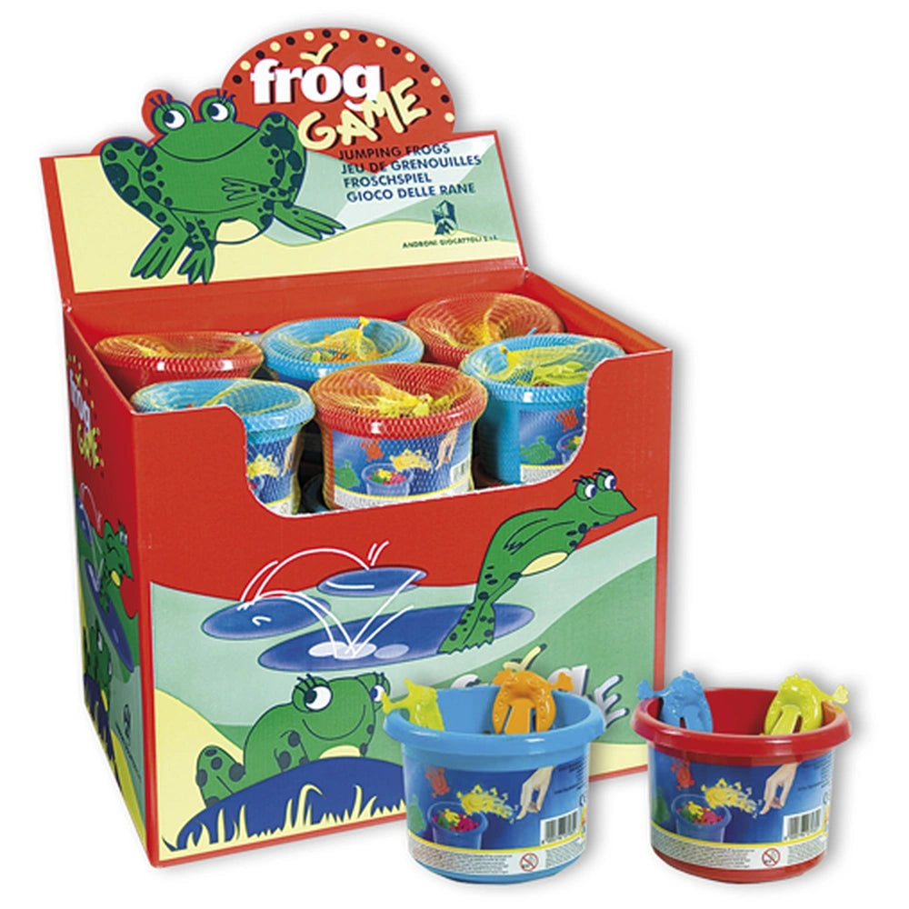 Display of colorful Androni Frog Game jars with vibrant jumping frog toys in a red container box.