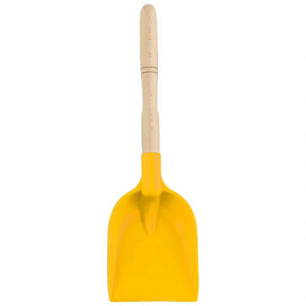 Yellow plastic shovel with sturdy wooden handle, 36 cm tall. Ideal for beach play and sandcastle building.