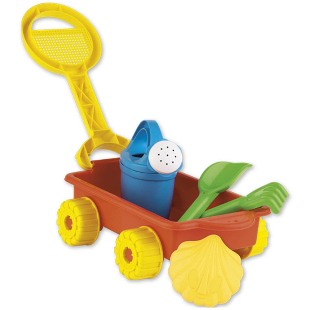 Red trolley with yellow wheels, yellow sand sifter handle, blue watering can, green shovel and rake, and yellow shell mold.