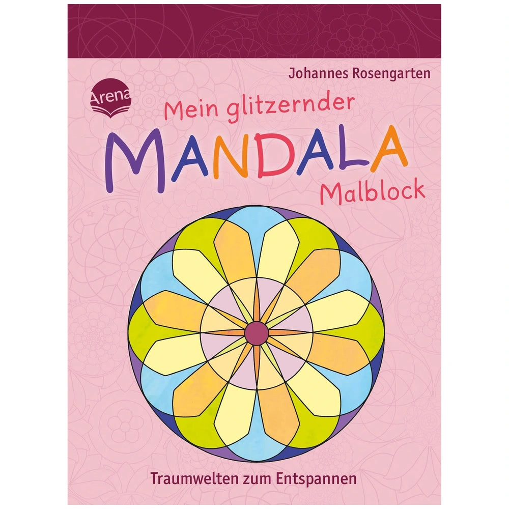 ARENA - 48 Mandalas Coloring Book cover featuring vibrant pink background with colorful mandala design and playful title.