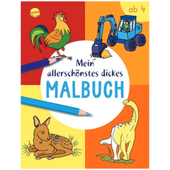 ARENA - Colorful Fun Coloring Book cover featuring vibrant illustrations of animals and a blue pencil on a warm background.