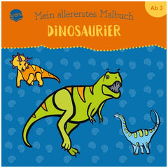 ARENA My First Coloring Book Dinosaur cover featuring three colorful cartoon dinosaurs on a blue background with playful text