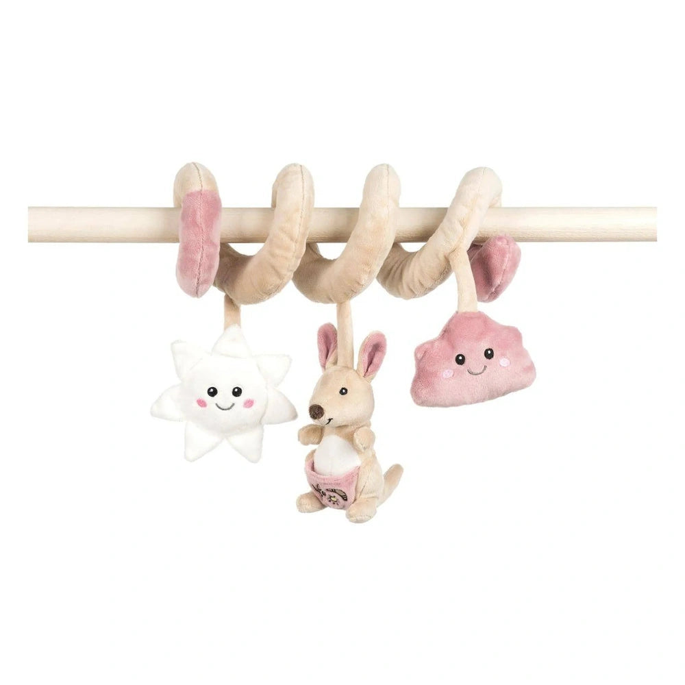 Plush spiral toy with kangaroo, star, and cloud hanging, in pink and beige.