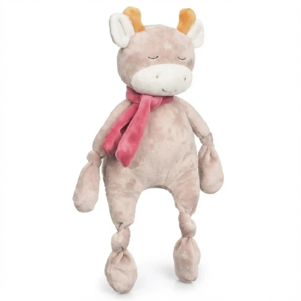 Artesavi Cow Plush Rattle 32 cm, featuring a soft pink and beige body, white face, and adorable details.