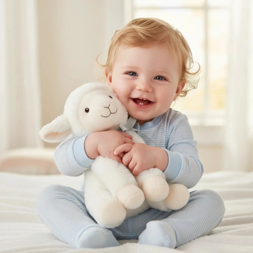 Artesavi White Lamb Plush 18 cm being held by a smiling child in a cozy, softly lit indoor setting.