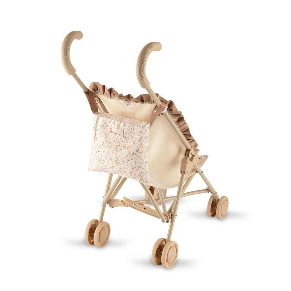 ASI Dolls Dreams Stroller features a cream-colored canopy and floral seat, crafted from light-colored wood with a classic des