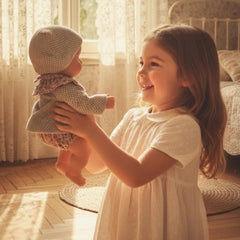 Asi Dolls - Gordi Baby Outfit: A young girl lovingly holds a baby in a cozy, warmly lit indoor setting.