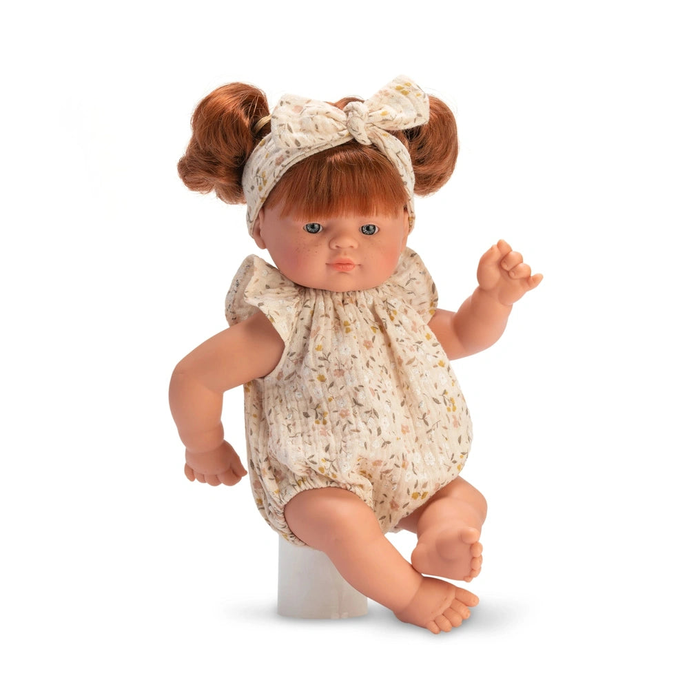 ASI Dolls Guille Pelele, 36 cm, red pigtails, freckles, floral outfit, sitting pose.