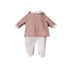 ASI Dolls outfit for 46 cm dolls featuring a light pink top with collar and white dotted pants, perfect for dolls playsets.