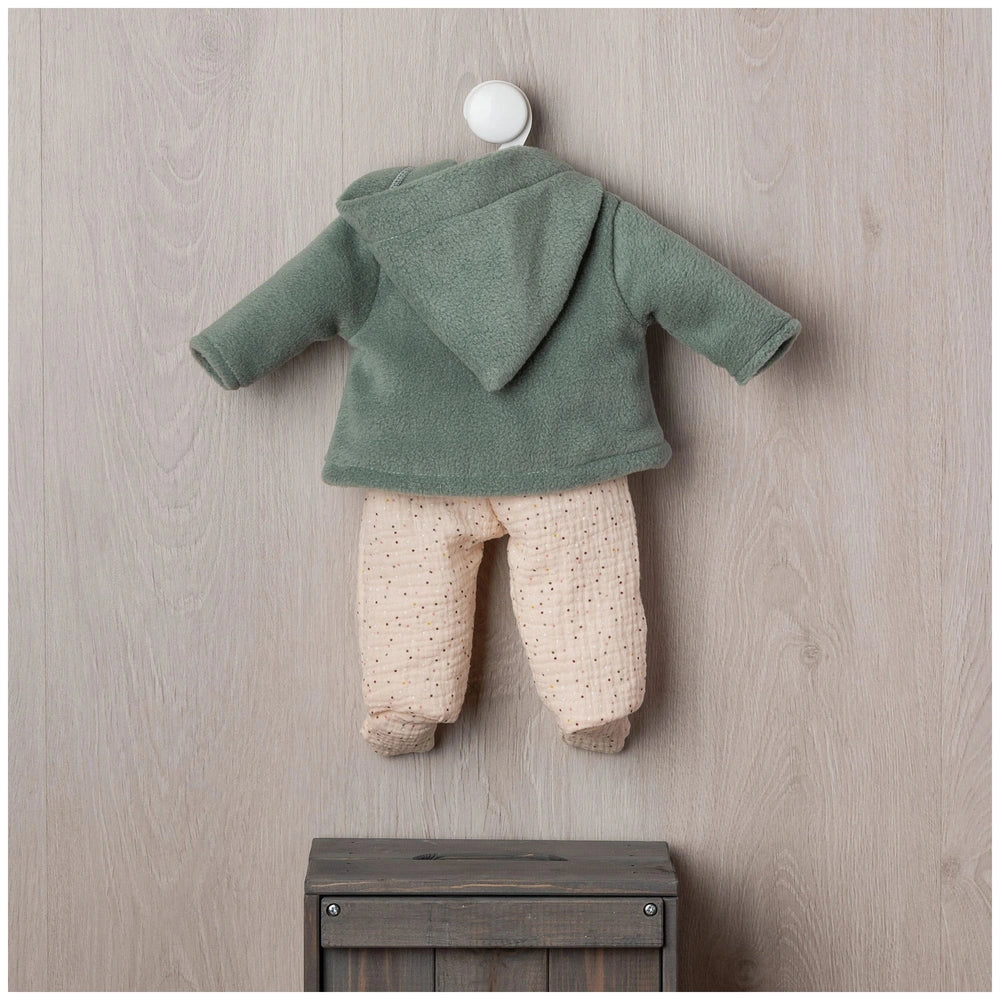 ASI Dolls Pablo Outfit from the Iris Collection features a soft, heathered green hoodie with a dotted pattern displayed on a 