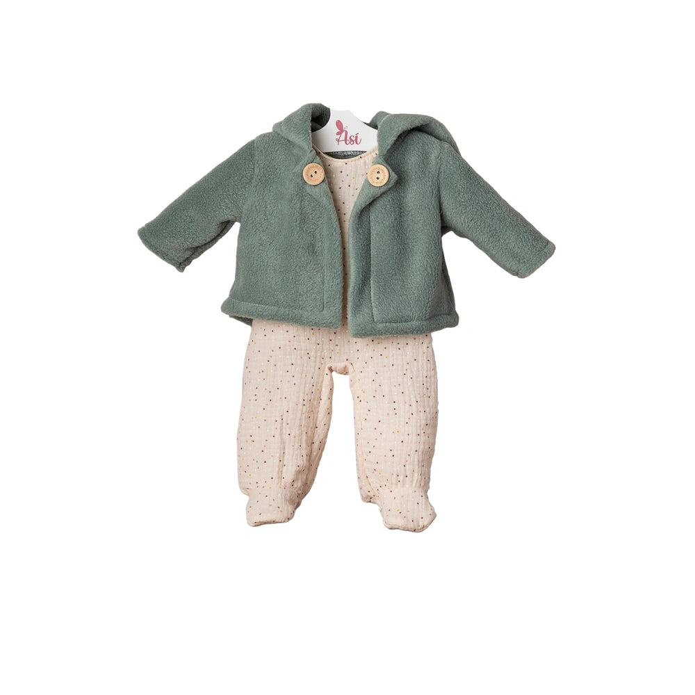 ASI Dolls Pablo Outfit Iris Collection features a cozy light green jacket with beige dotted pants for toddlers.