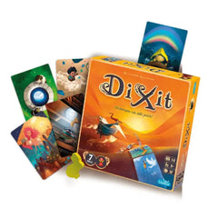 Dixit board game box with colorful cards on a white background