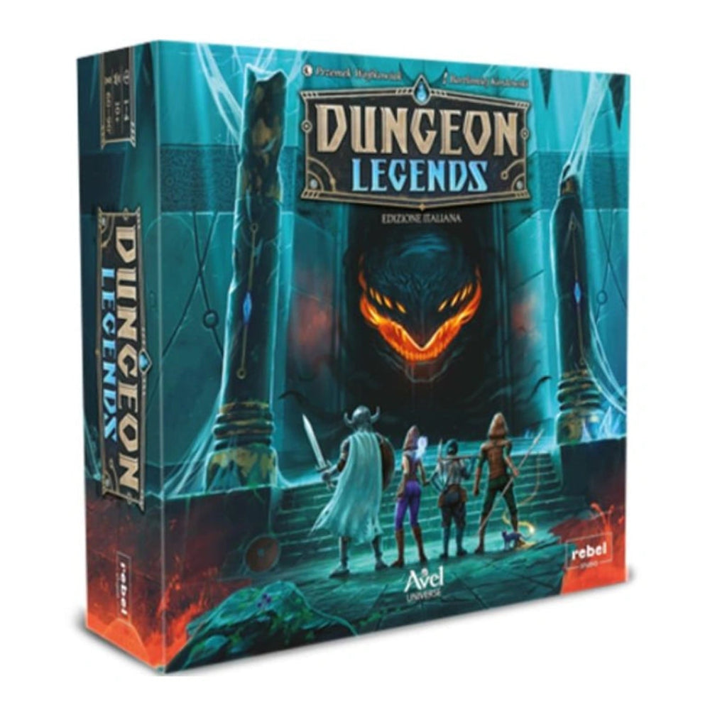 Dungeon Legends board game box with fantasy design on a white background