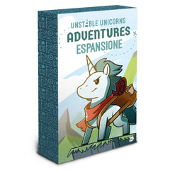 Board game expansion box titled 'Unstable Unicorns Adventures Espansione' with a unicorn illustration on a white background.
