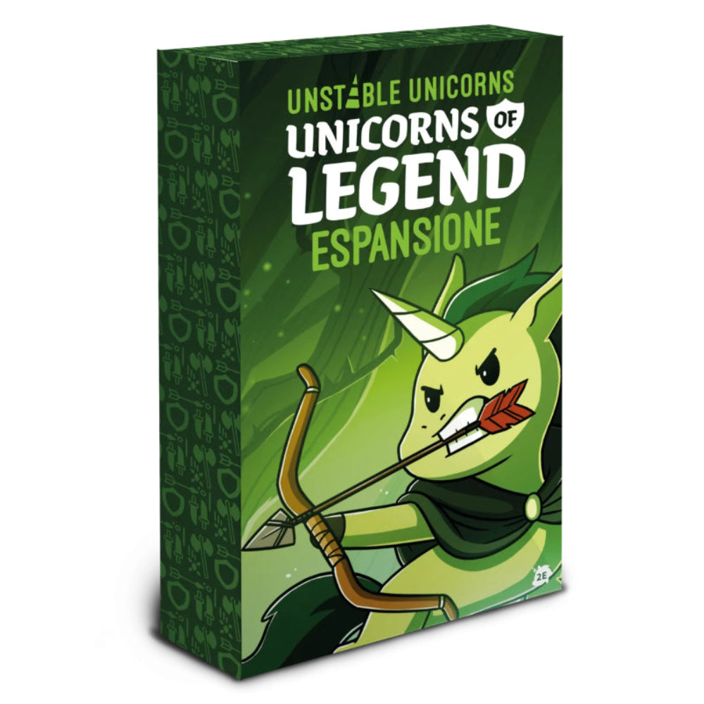 Unstable Unicorns of Legend expansion box with a green background and unicorn character.